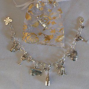 Wine Tasting Theme Charm Bracelet Handcrafted + Oraganza Roses Gift Bag